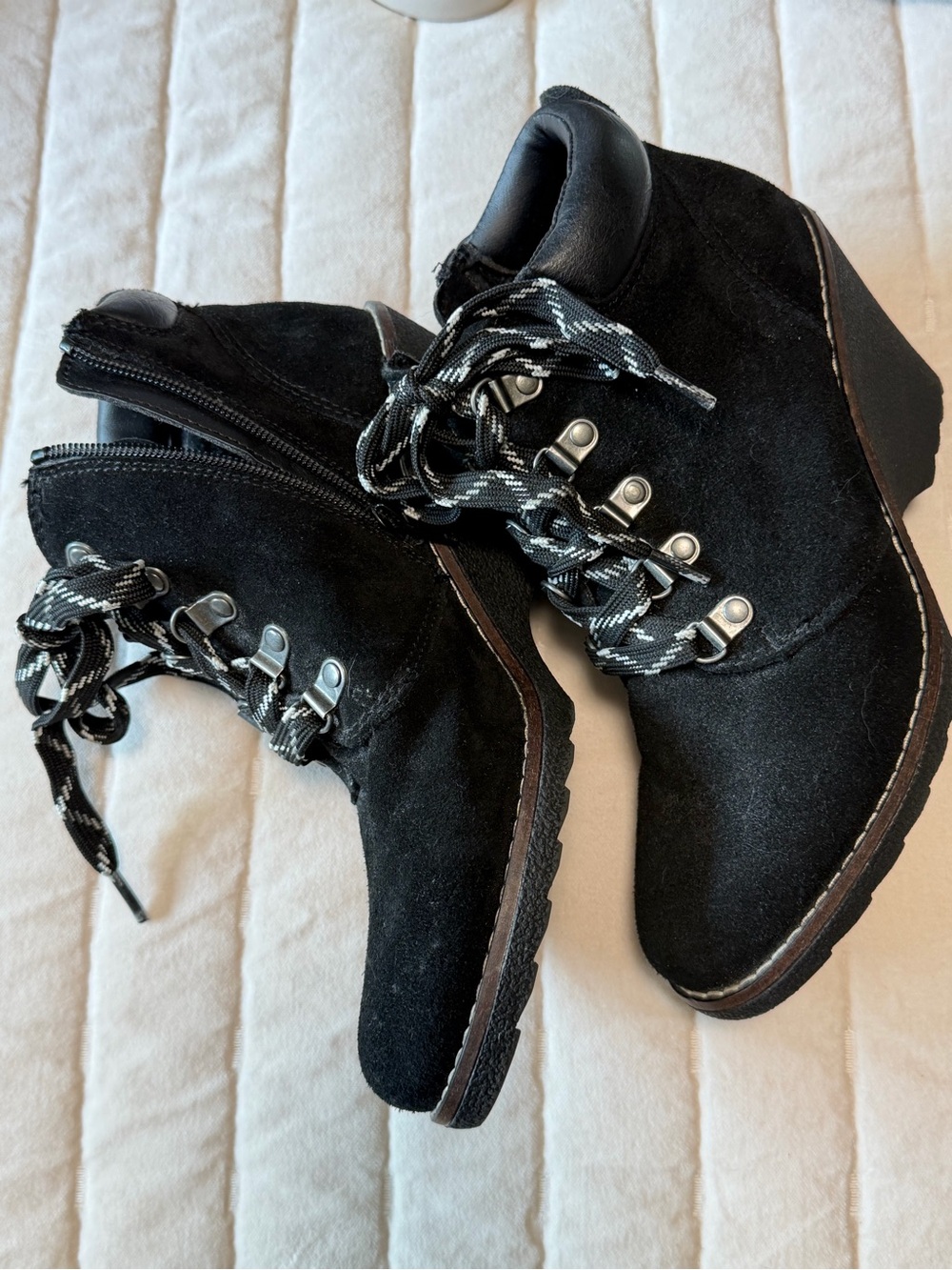 White Mountain Black Suede Lace-Up Wedge Ankle Boots